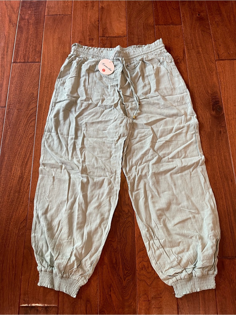 NWT Caracilia Light Green Linen Blend Wide Leg Pants Drawstring